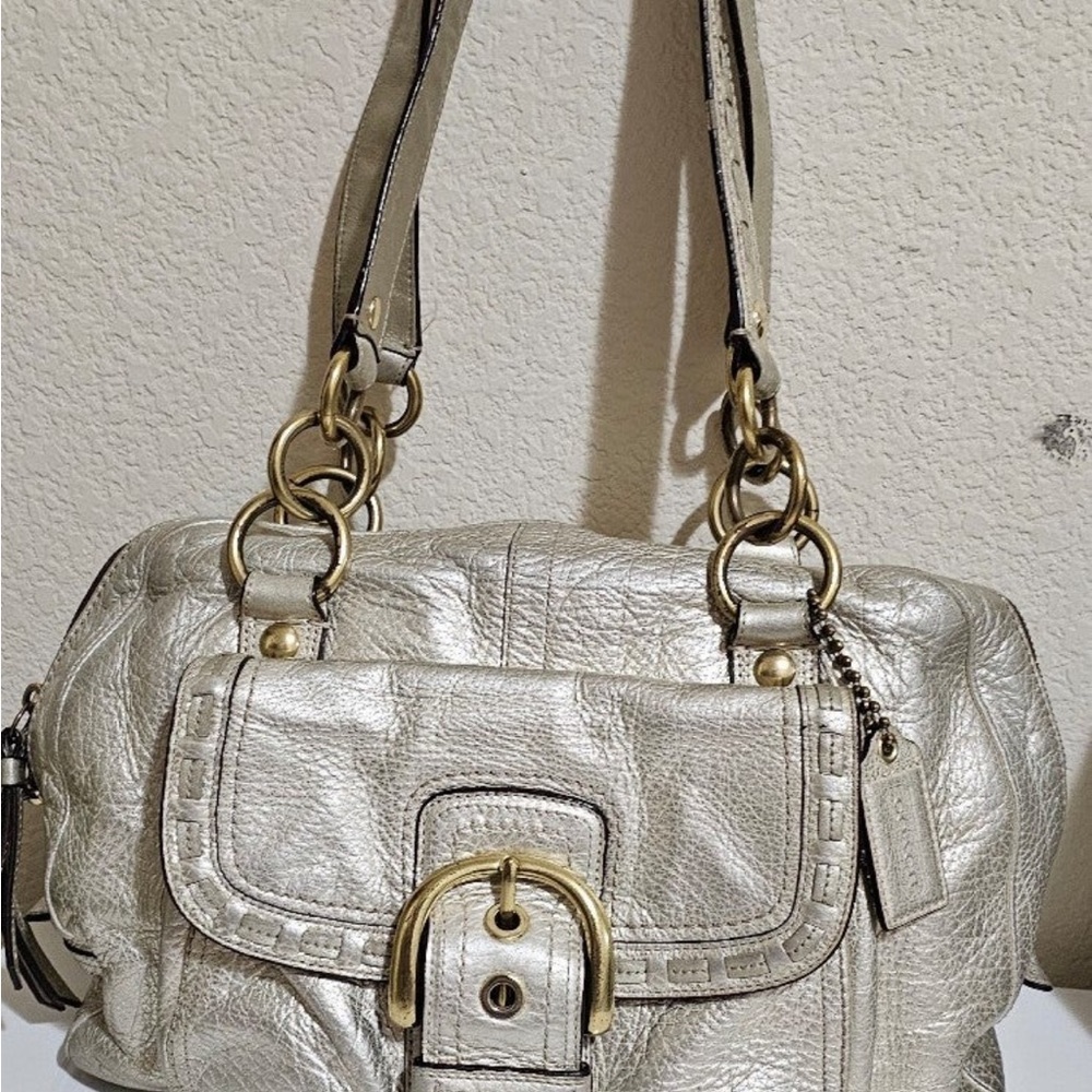 Vintage Coach Silver Leather Shoulder Bag Whipstitch Gold Hardware